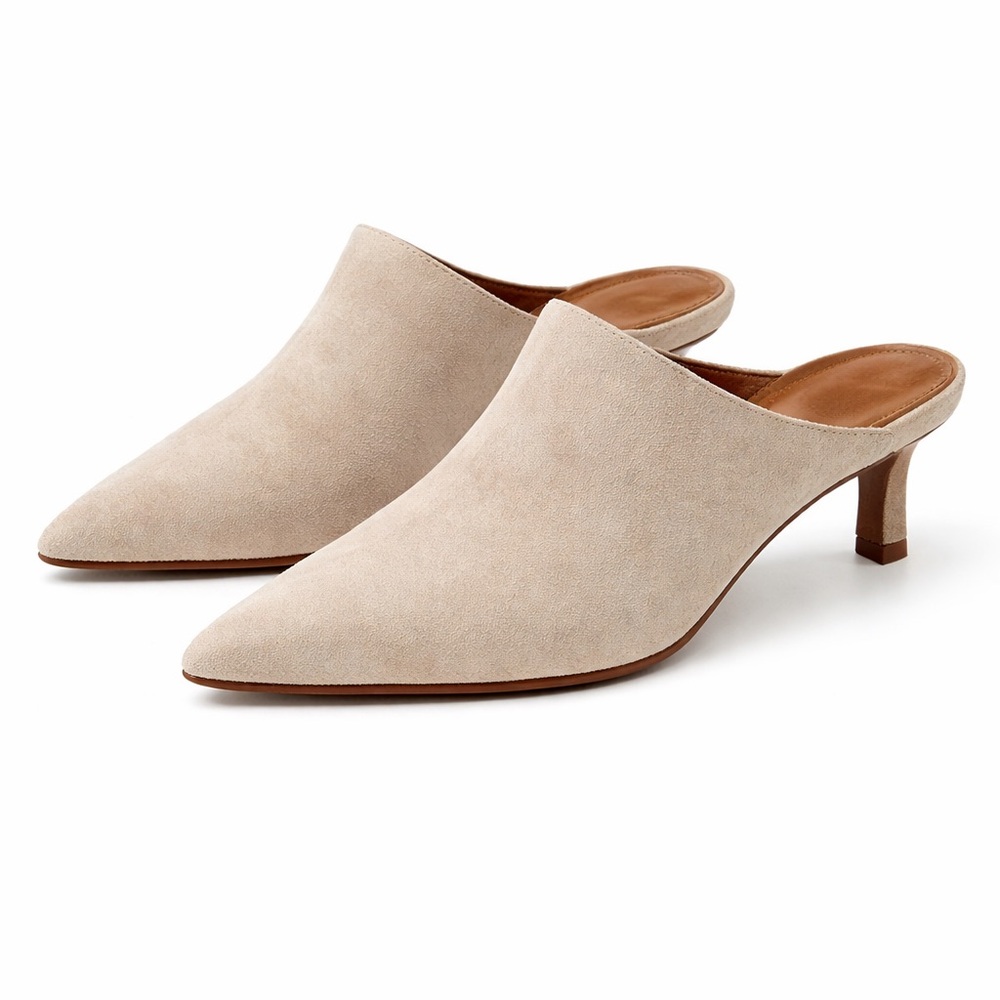 Aquatalia Taupe Suede Pointed Toe Mule Kitten Heel Minimalist Italian size 8.5